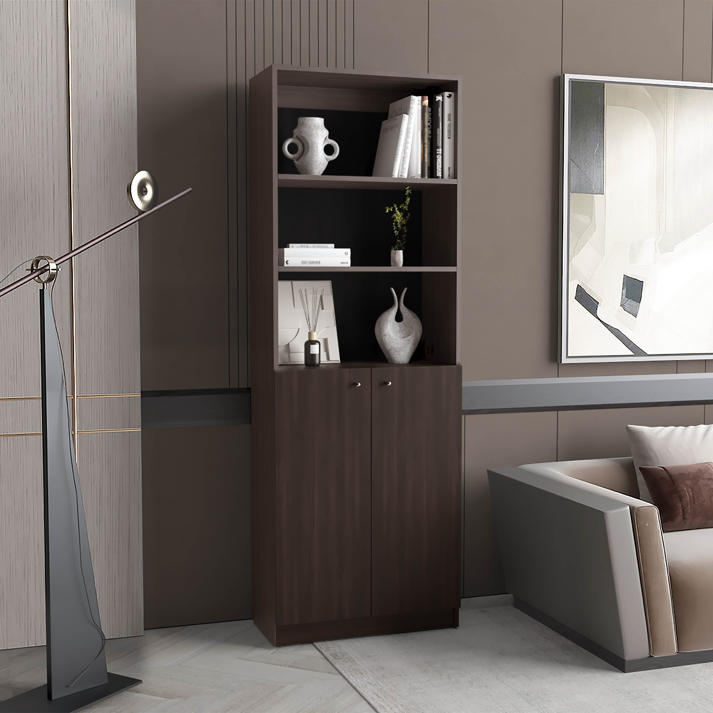 Brown Wood Freestanding Bookcase in a Living Room with Home Decor